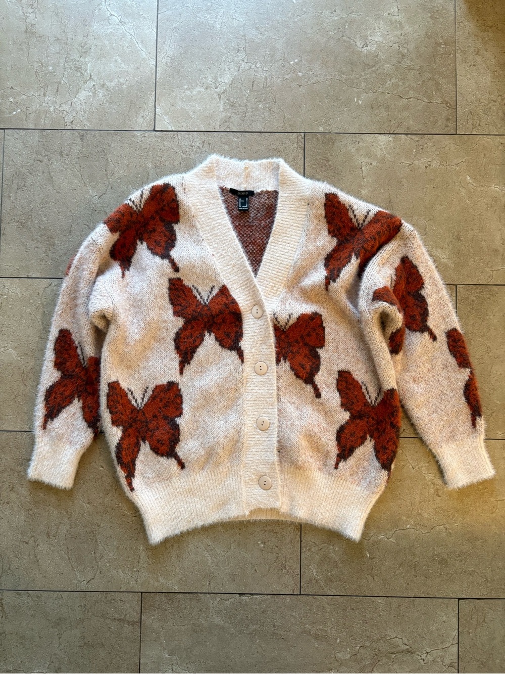 Forever 21 Cream Cardigan with Rust Butterfly Motif